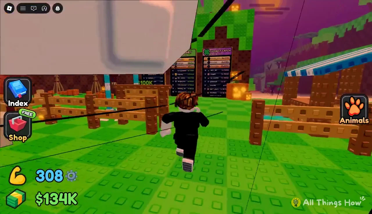 Avatar running across the green hub toward the Luckiest Catch leaderboard