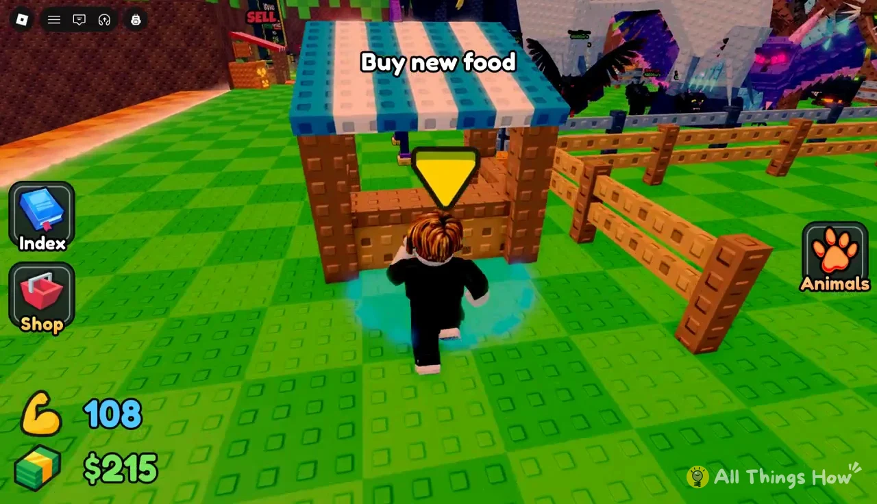 Avatar heading to the Buy new food market stall under a yellow arrow
