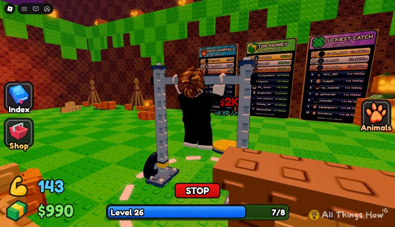 Avatar mid pull-up with a red STOP button and Level 26 progress at 7/8