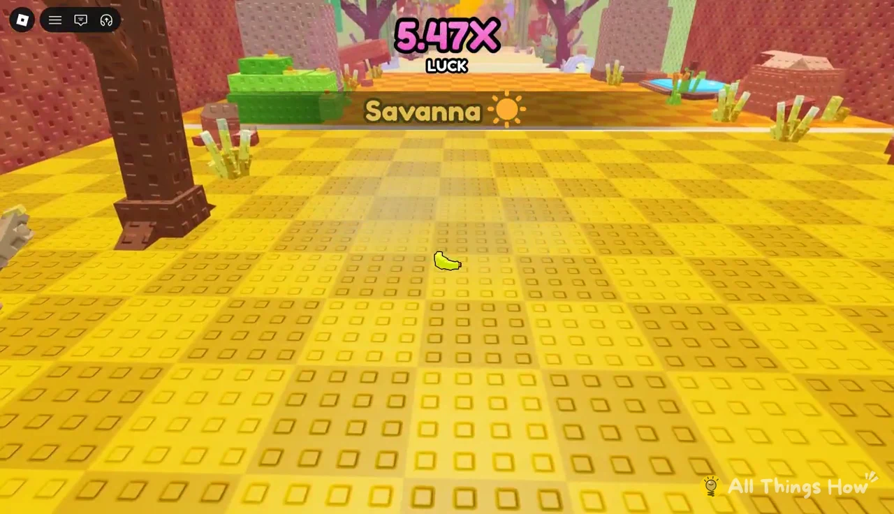 Savanna zone banner shown under a 5.47X Luck multiplier on yellow terrain