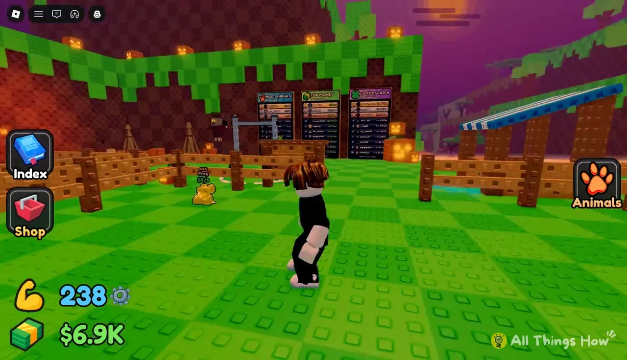 Gold Frog labeled $3/s in the animal pen next to the avatar, Animals button on screen