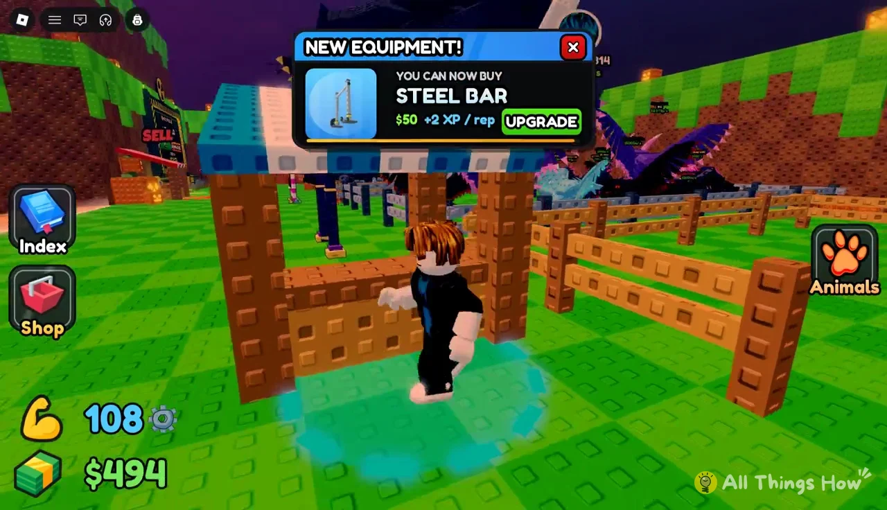 NEW EQUIPMENT popup offering the Steel Bar for $50 at +2 XP per rep with an UPGRADE button