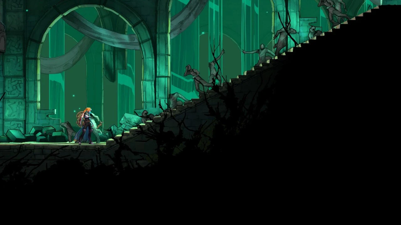 Character at the foot of a green-lit staircase facing shadowy figures further up