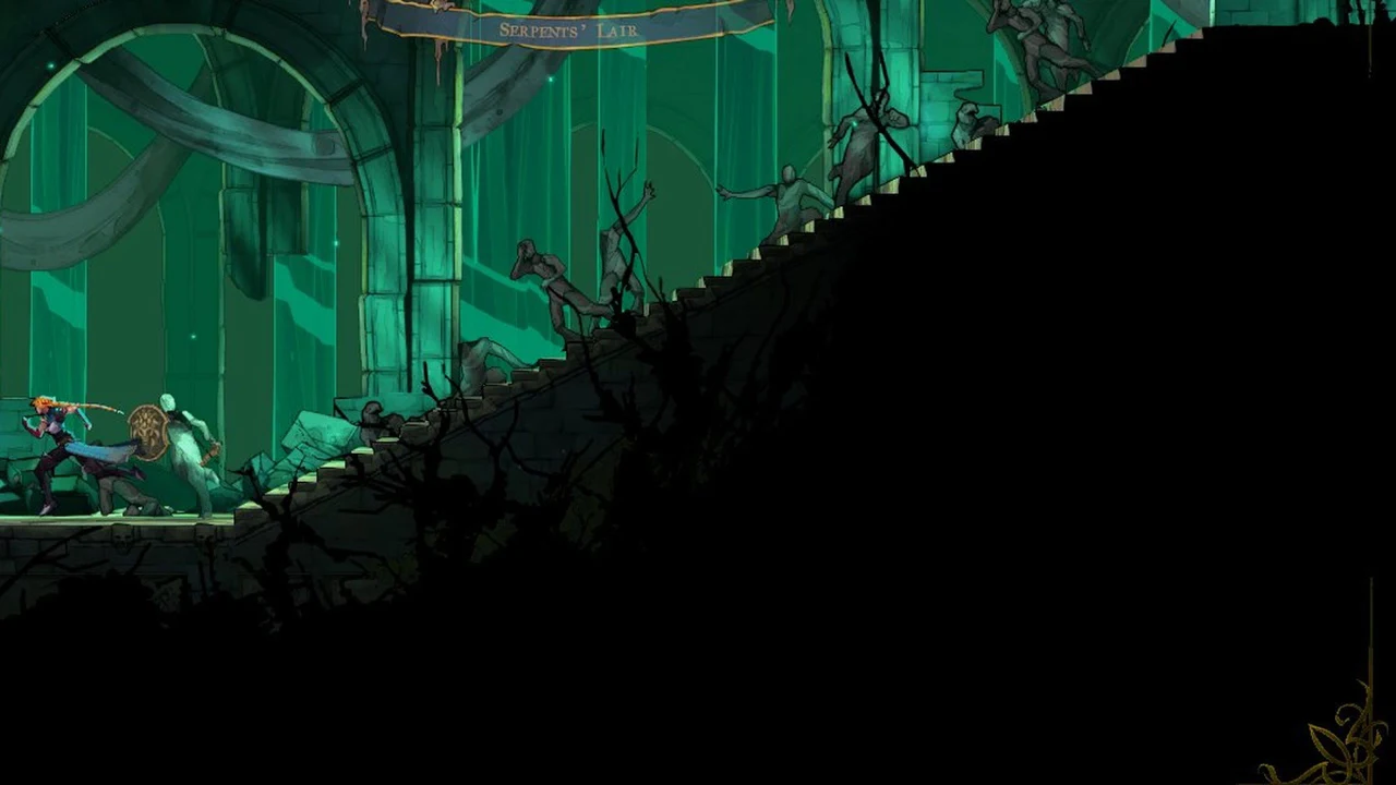 Character attacking enemies while moving along a staircase in Serpents' Lair