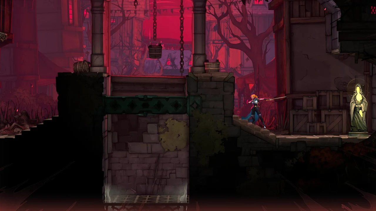 Character aiming a long weapon at stacked crates next to a glowing statue in red-lit ruins