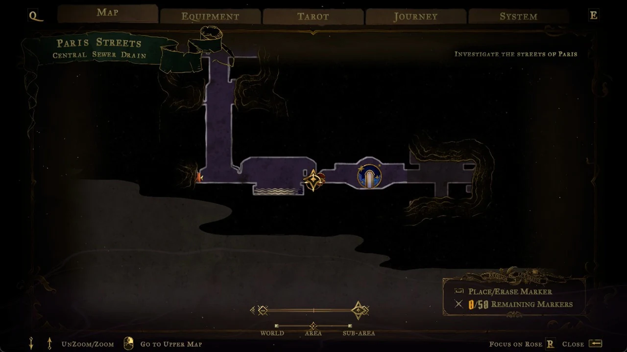 In-game Map screen with the gold marker cursor resting on a junction, ready to place a marker