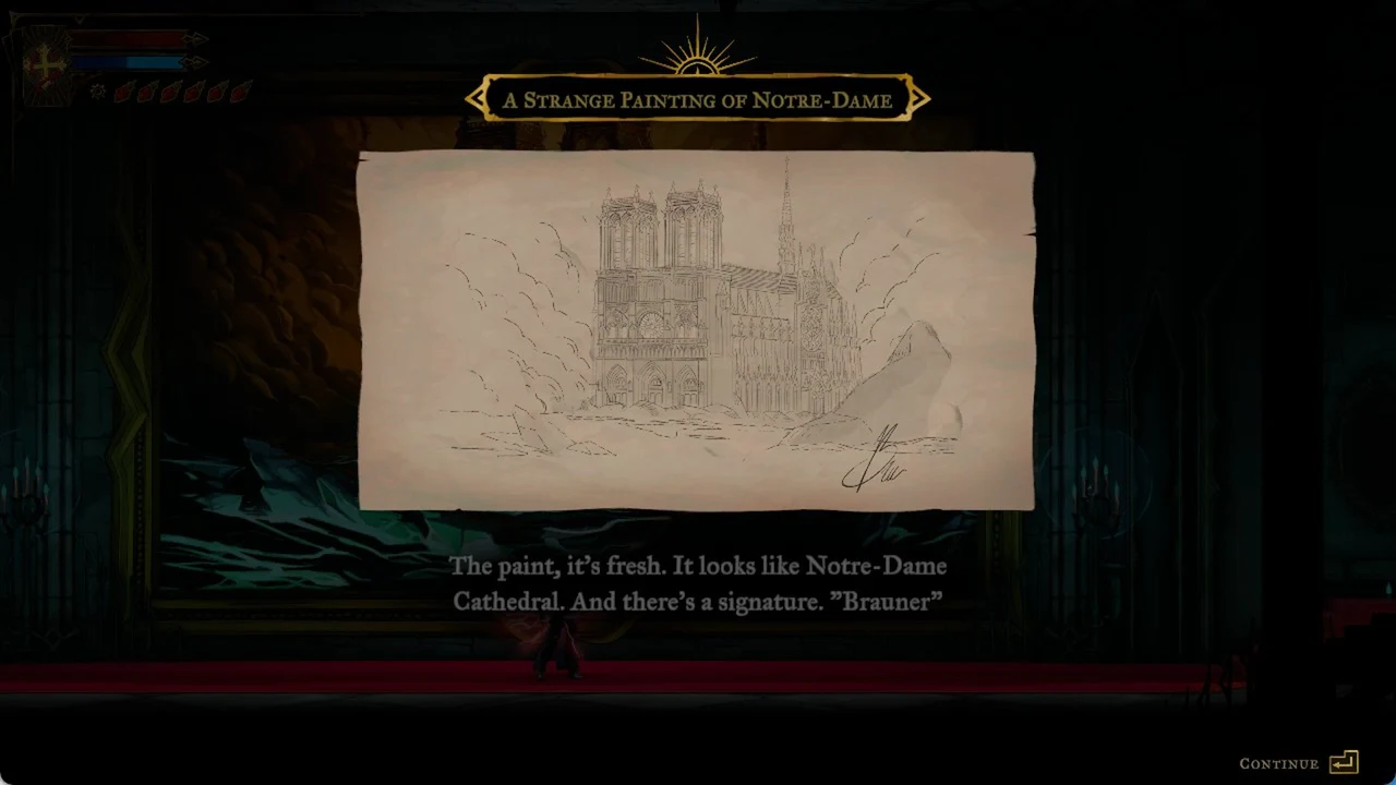 Inspection screen showing a signed sketch of Notre-Dame cathedral with narration and a Continue prompt