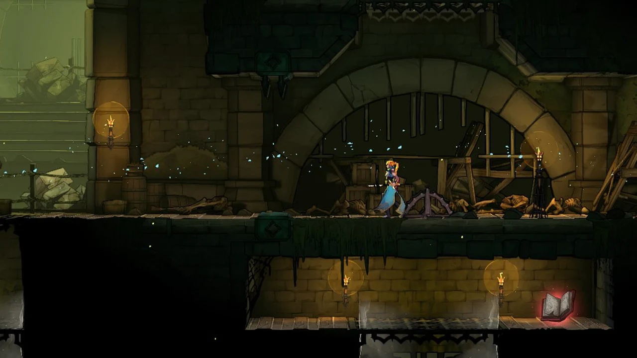 Heroine passing a floor gear mechanism in a ruined stone passage, a glowing book visible below right