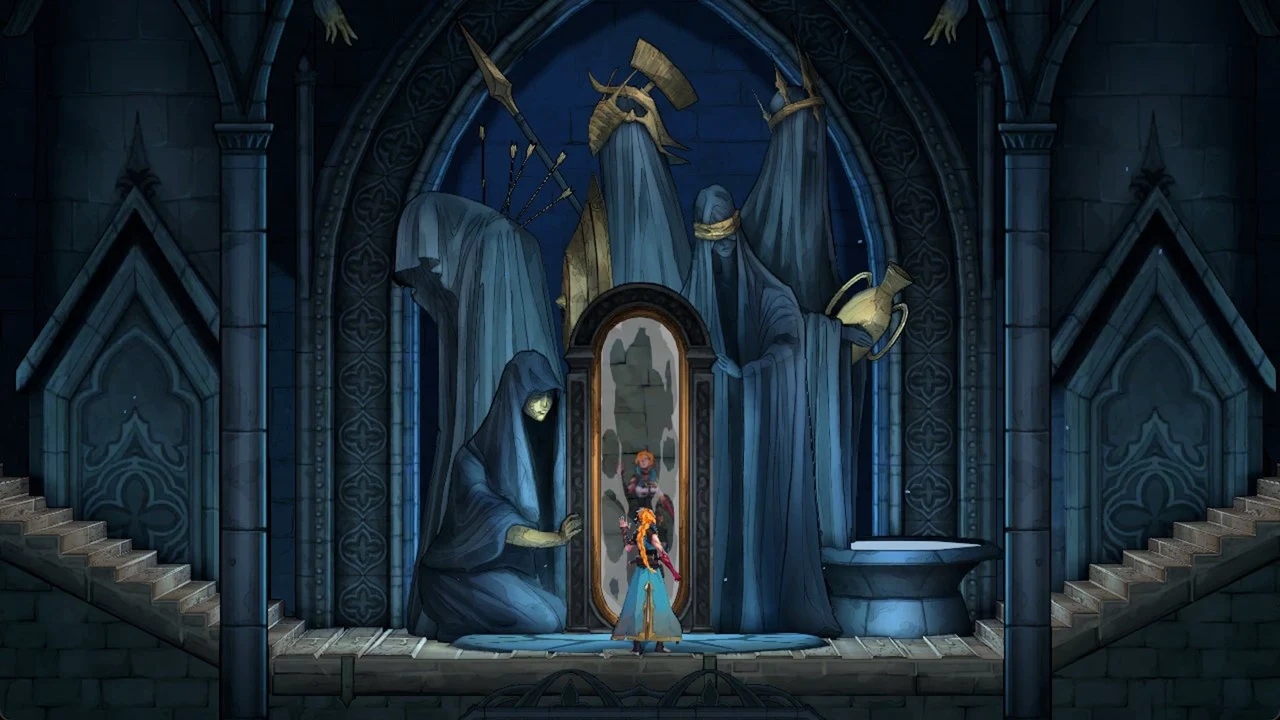 Character facing a tall ornate mirror flanked by veiled statues in a gothic chamber