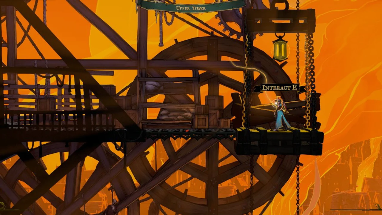 Character beside a suspended wooden lift and large gear wheels at Upper Tower, with an interact prompt on screen