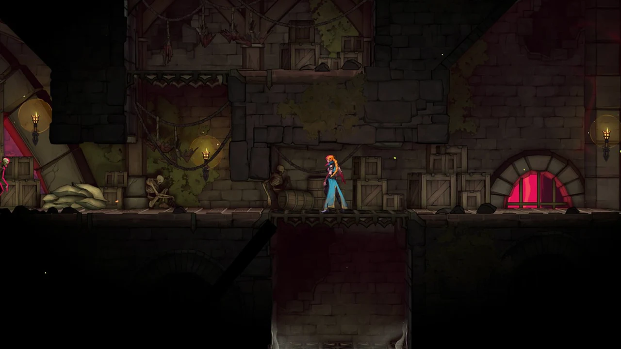 Adventurer walking a dim stone corridor past barrels and crates, an enemy at the far left