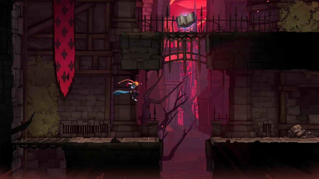 Character mid-jump over a gap between stone platforms in a dark castle corridor