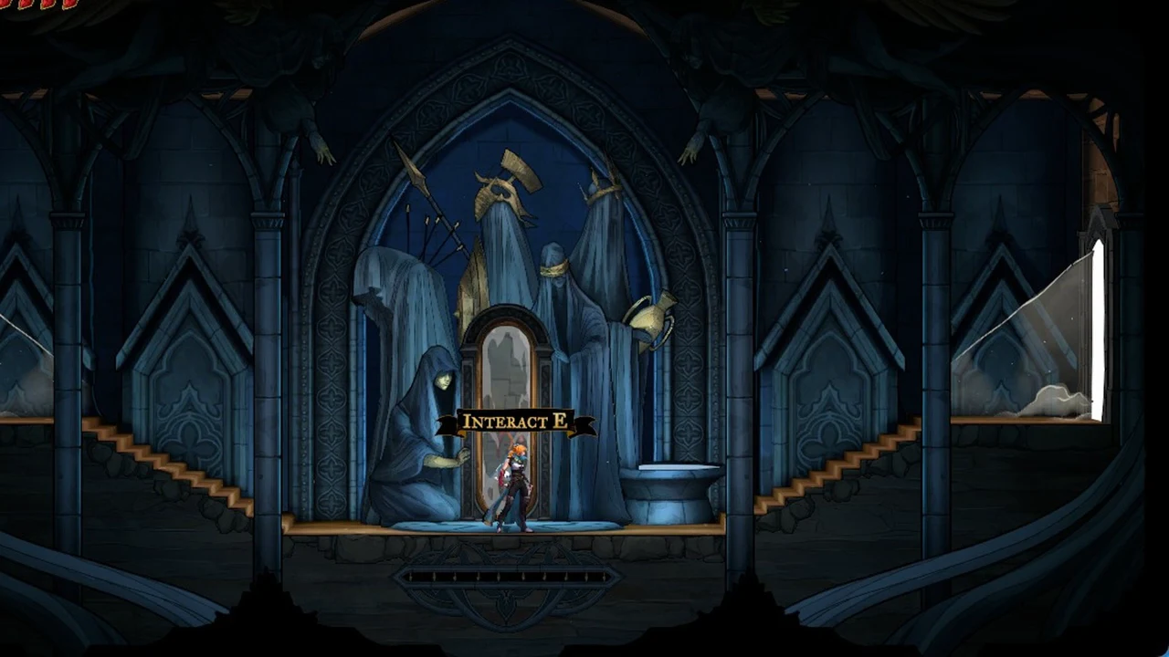Belmont standing in front of an ornate central doorway with an interact prompt on screen