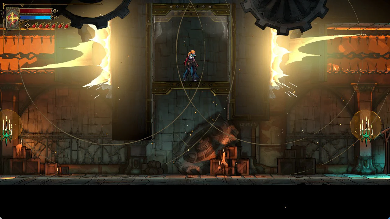 Character standing on a raised lift platform in the middle of an industrial chamber, health bar at top