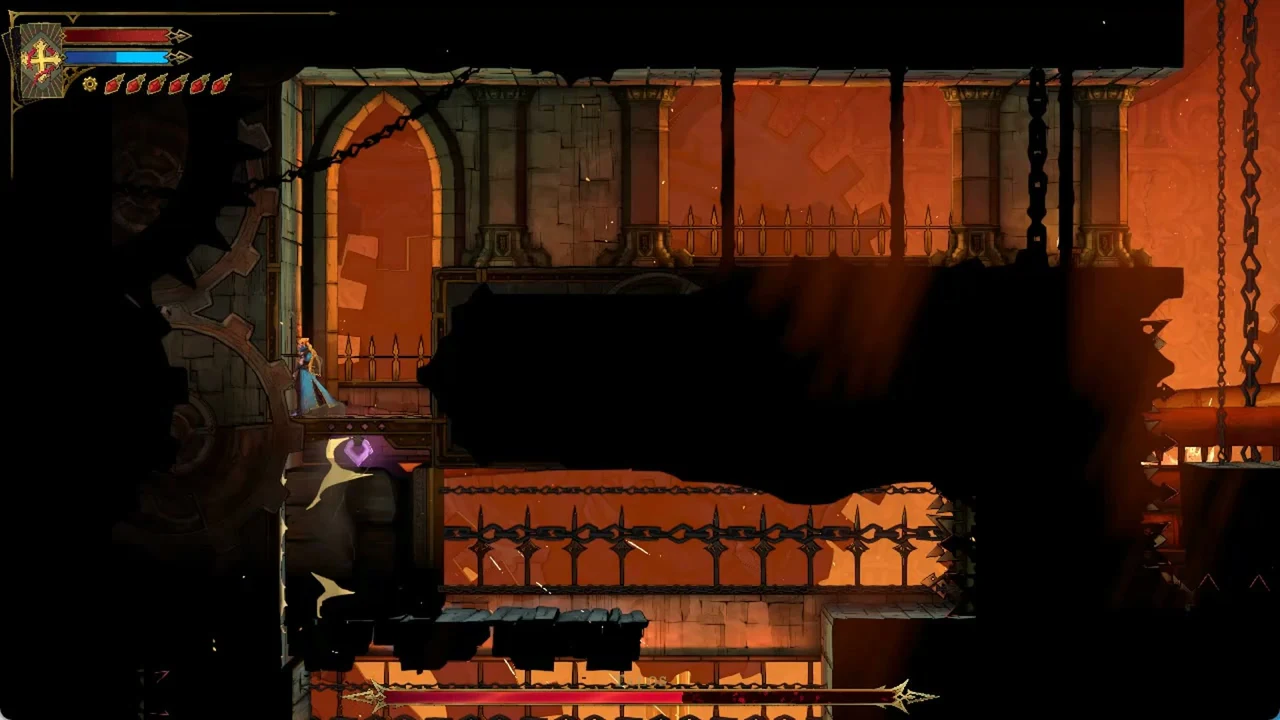 Character on a narrow ledge next to a glowing purple marker inside an orange-lit fortress