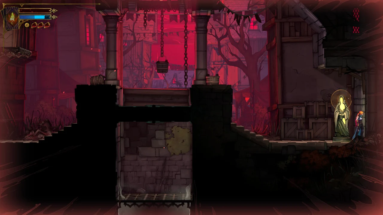 Belmont walking up to a glowing hooded statue on the right side of a dark dungeon room