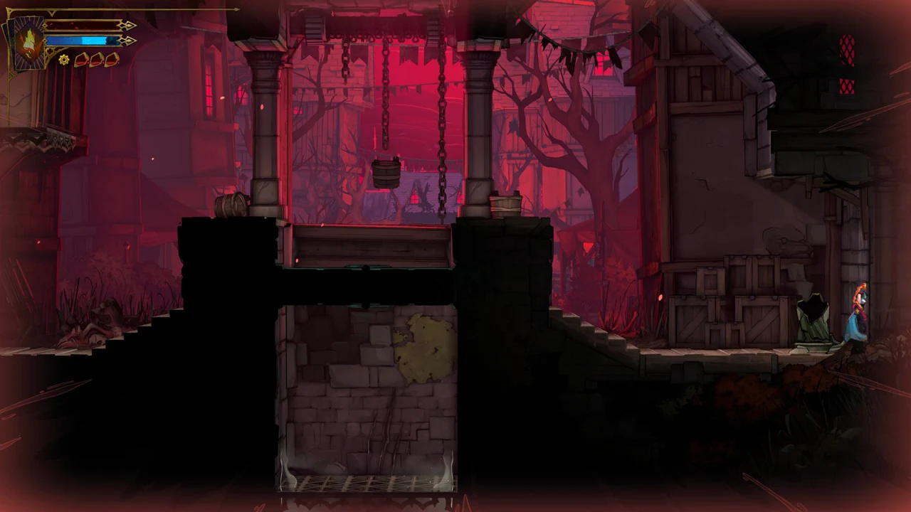 Belmont beside stacked crates in a red-lit room, next to a hanging bucket-and-platform mechanism