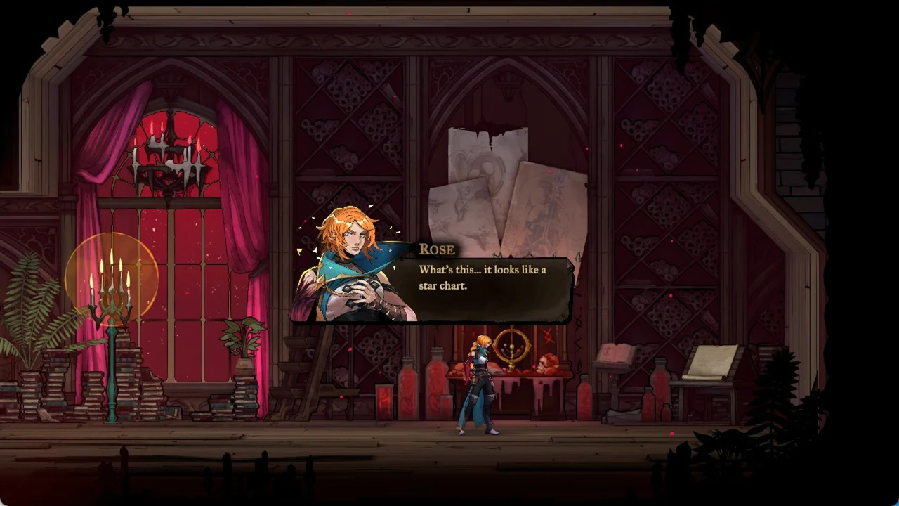 Rose's dialogue box naming the papers on a study desk as a star chart