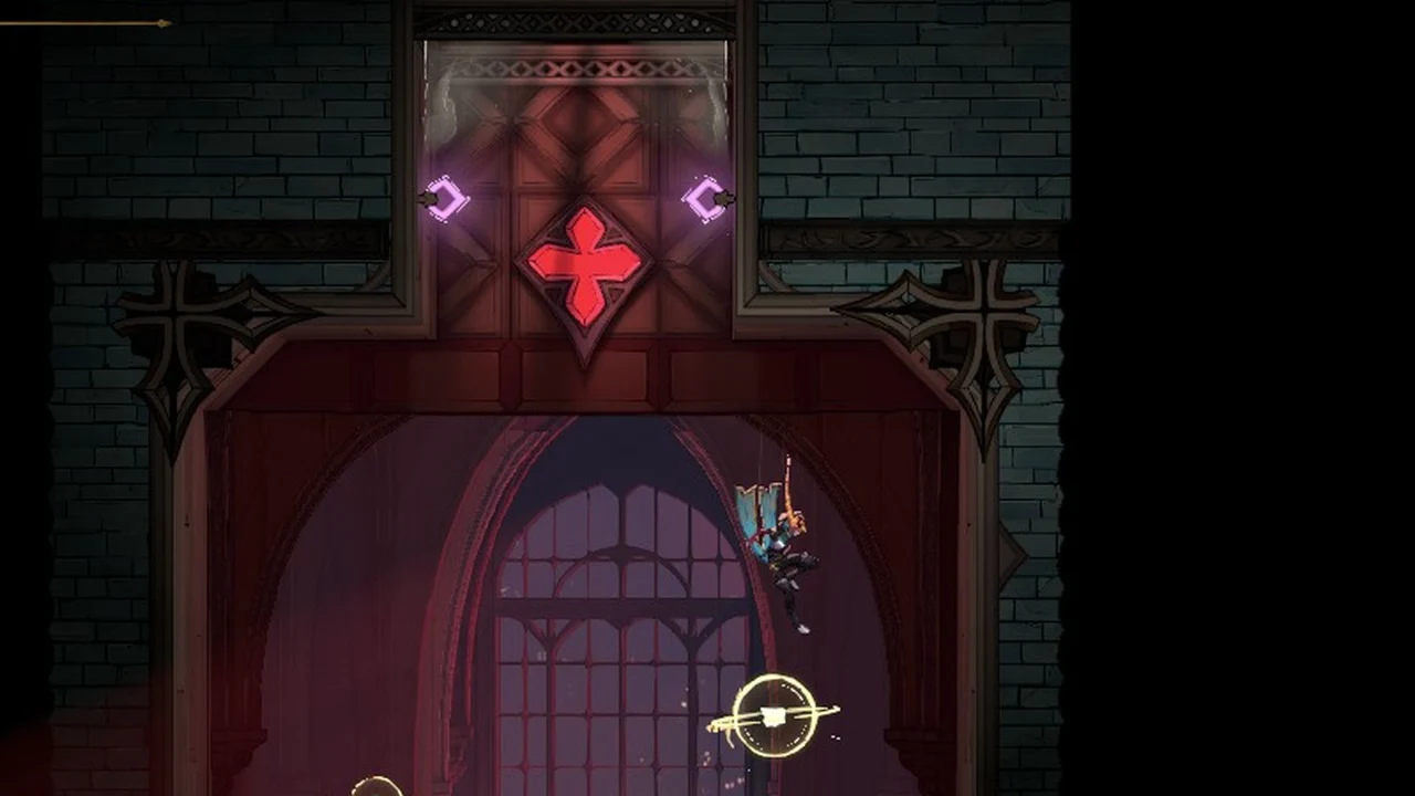The character mid-jump beside a gate marked with a red emblem, with glowing arrows pointing at the doorway