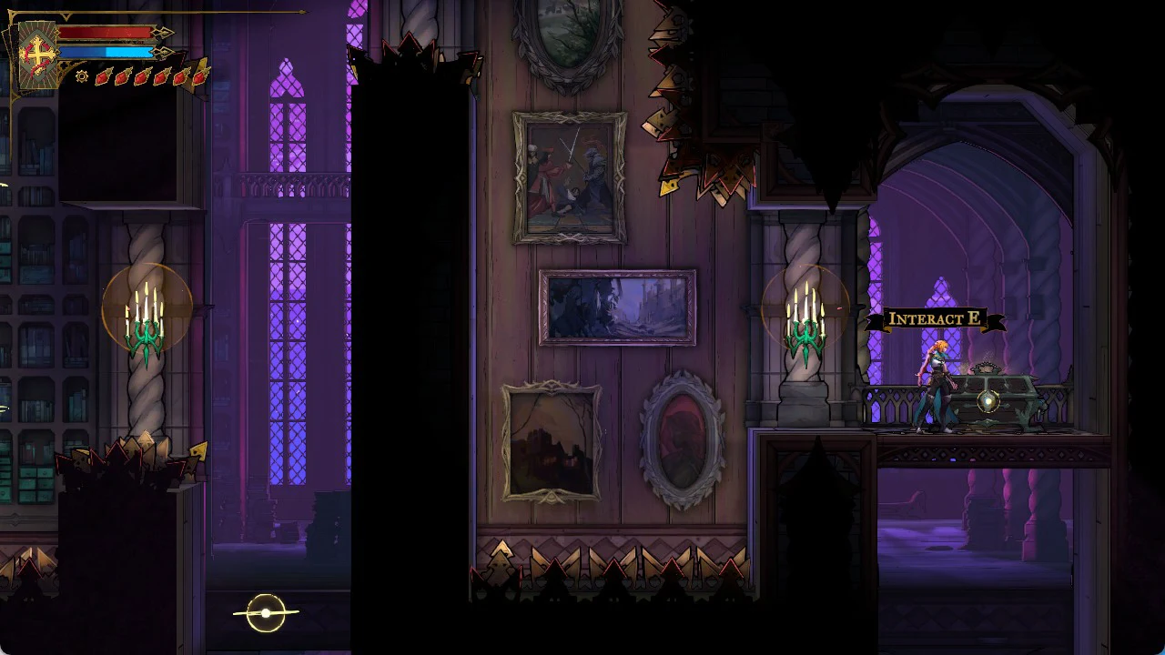 The player beside an ornate chest in a castle corridor with the INTERACT E prompt showing