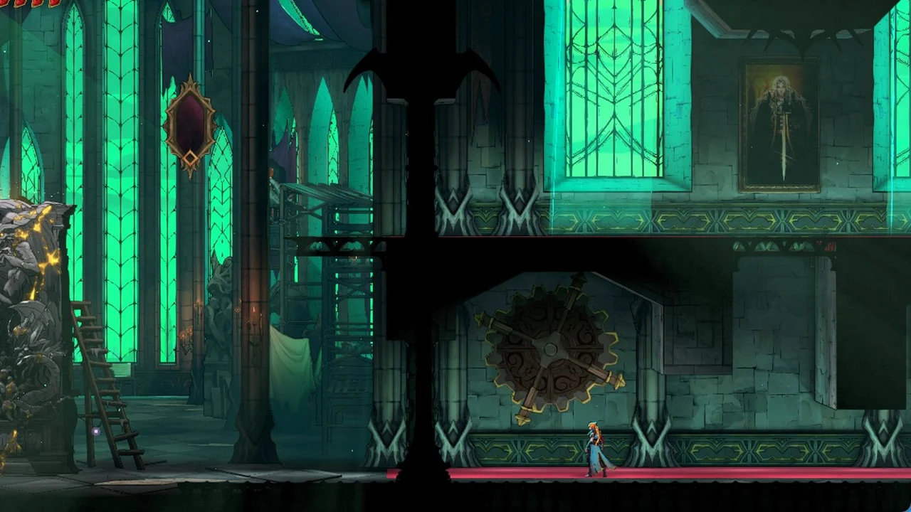 Rose walking right along a lower corridor beneath a huge wall gear in a green-lit cathedral