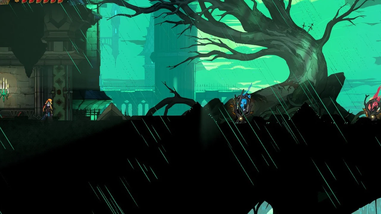 Rose in a rain-soaked ruin facing two enemies beneath a giant dead tree