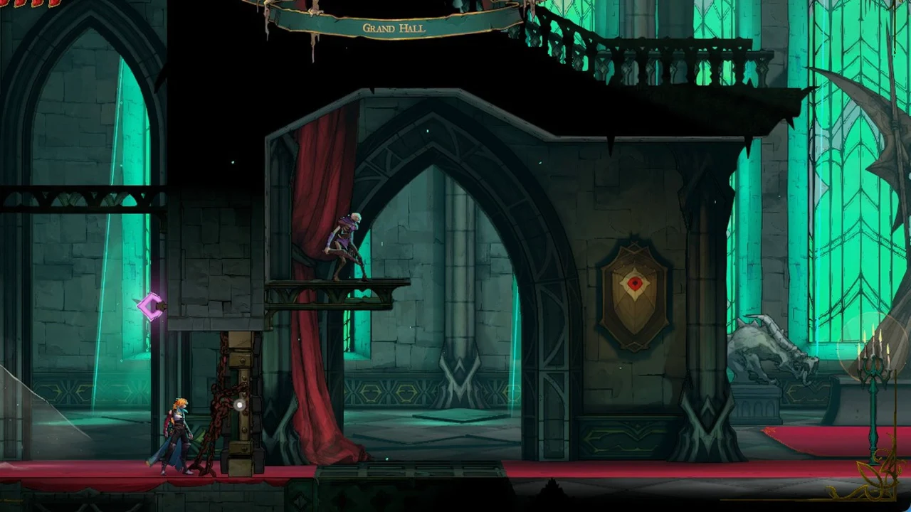Rose in the Grand Hall approaching a floor mechanism with a glowing interaction point under a raised platform