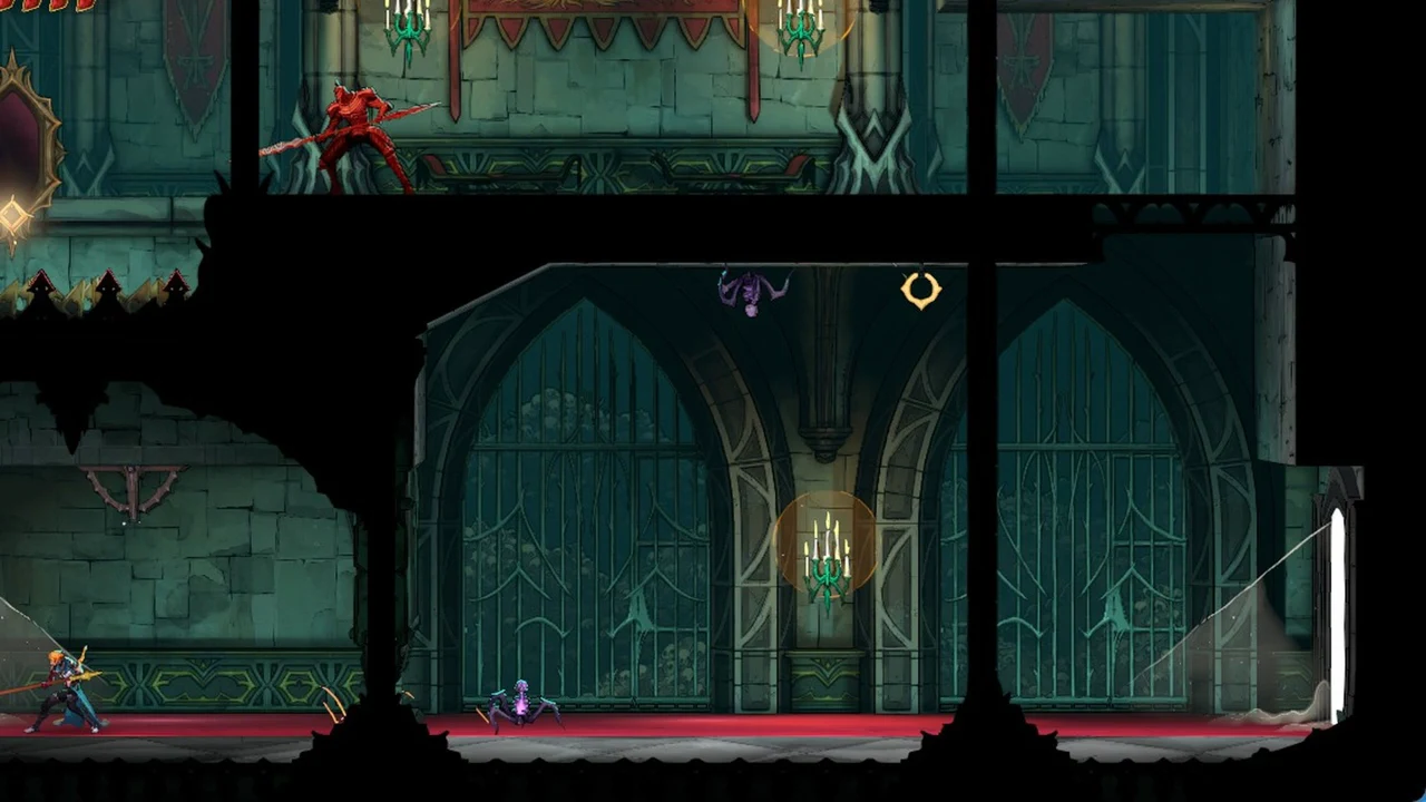 Rose moving along a lower corridor toward a small purple enemy, a glowing doorway at the far right