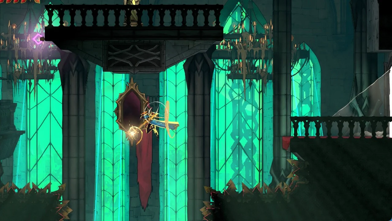 Rose mid-jump swinging a weapon beside a hanging red banner in a turquoise-lit cathedral