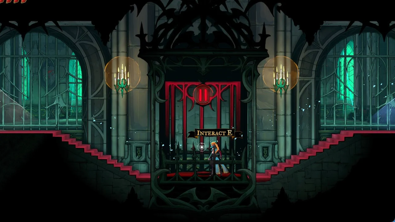 Rose at an ornate red central gate between two stairways with an interaction prompt showing