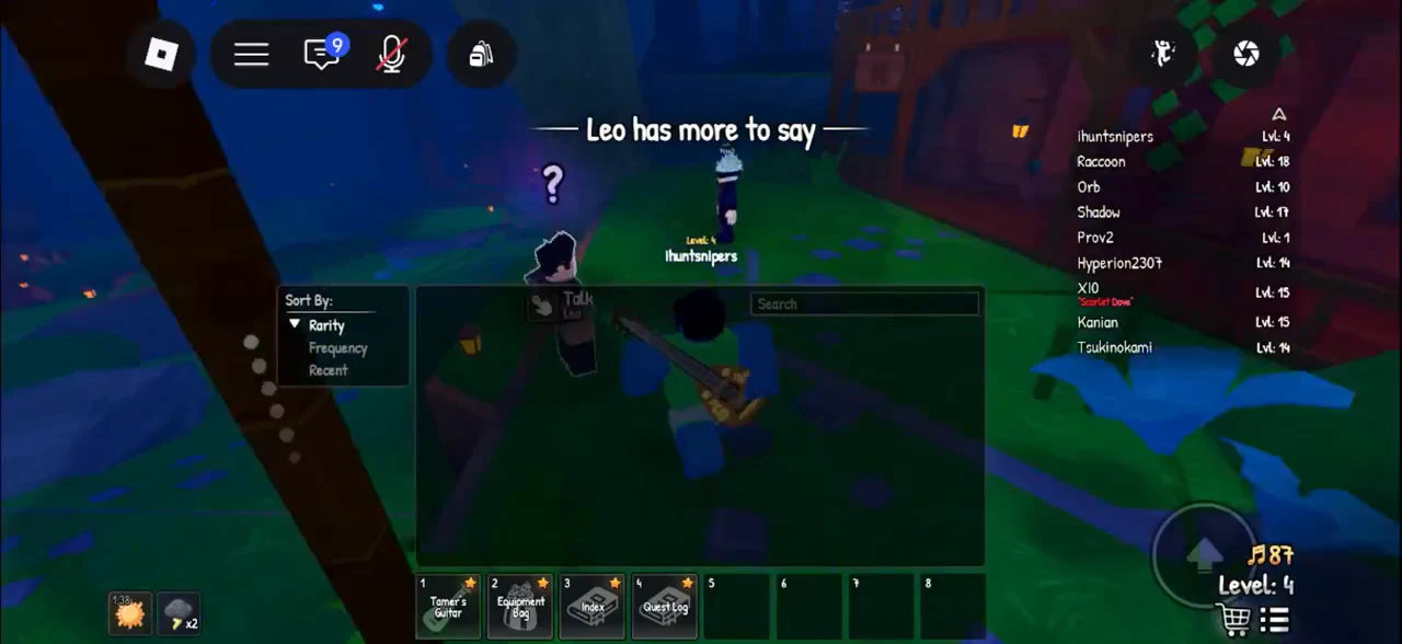 Inventory sorted by Rarity open while the Talk prompt appears next to Leo