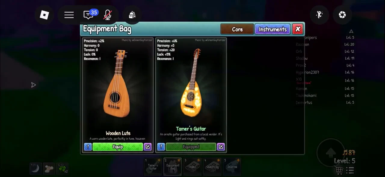 Equipment Bag open on the Instruments tab with the Wooden Lute Equip button beside the equipped Tamer's Guitar