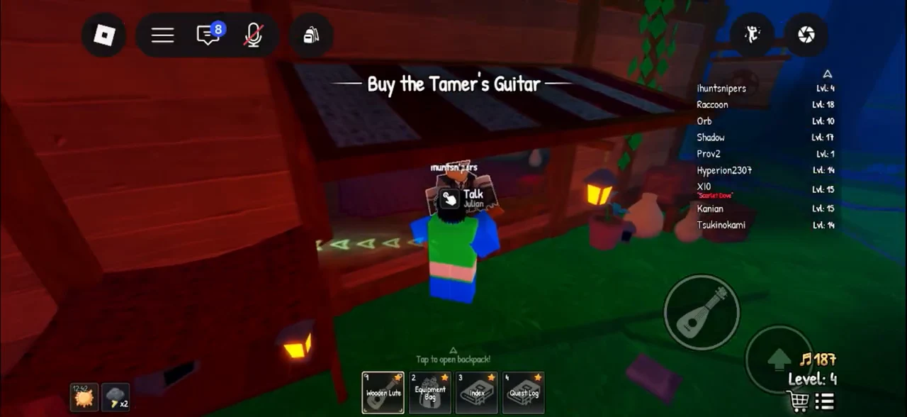 Selecting the Talk button on Julian during the Buy the Tamer's Guitar objective