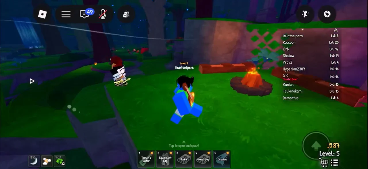 Level 5 avatar moving through camp with the backpack hotbar and Tap to open backpack prompt
