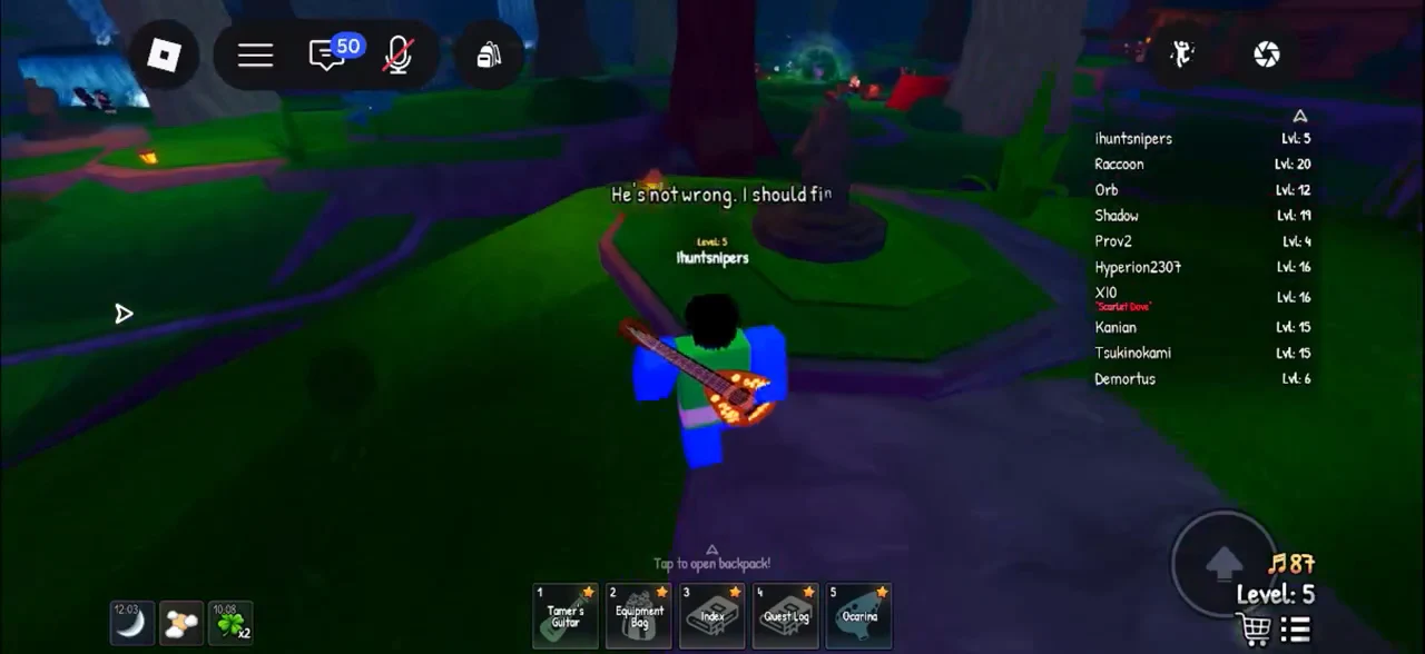 Avatar with an orange guitar approaching a white-haired character in the grove