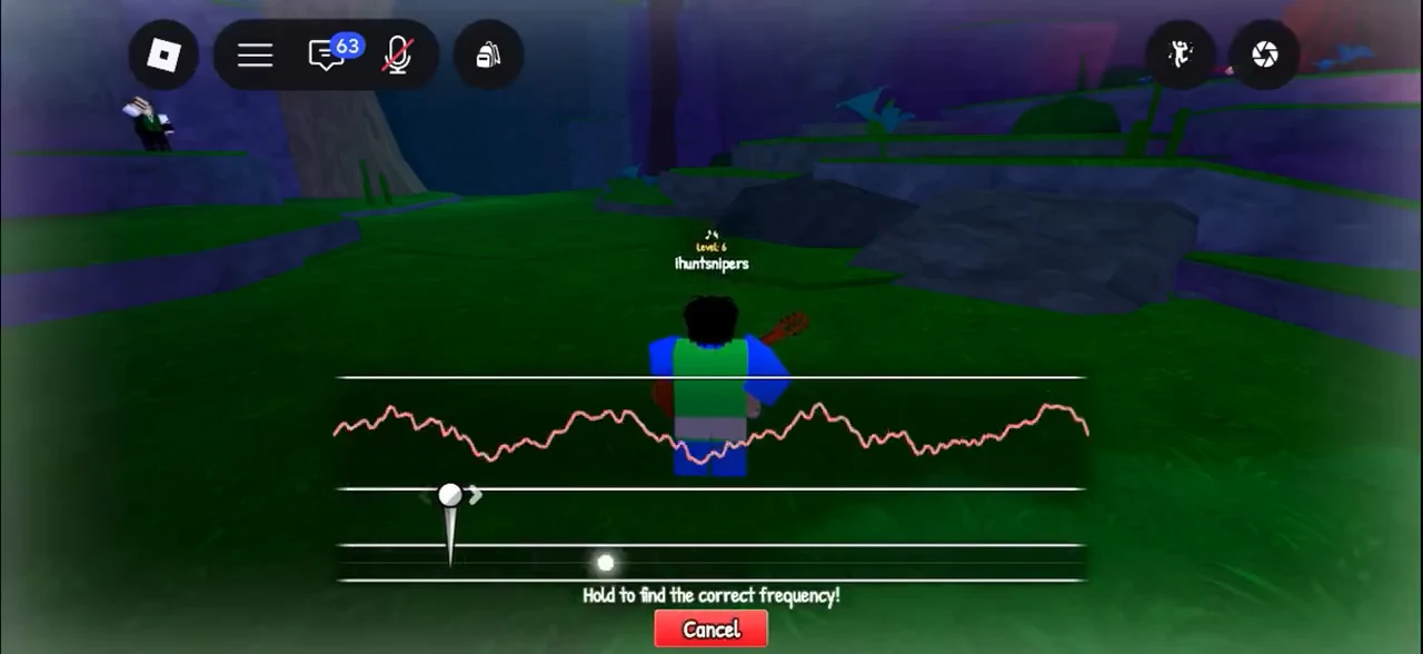 Frequency-finding screen with a pink waveform and slider and a Cancel button below