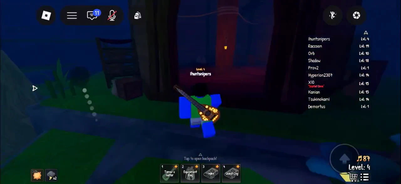 Avatar holding the glowing Tamer's Guitar with the Tap to open backpack prompt above the hotbar