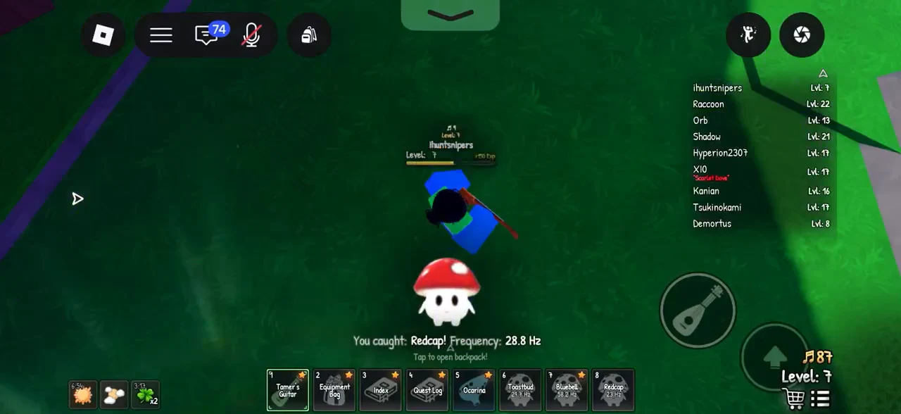 Confirmation that a Redcap was caught at 28.8 Hz and added to the hotbar