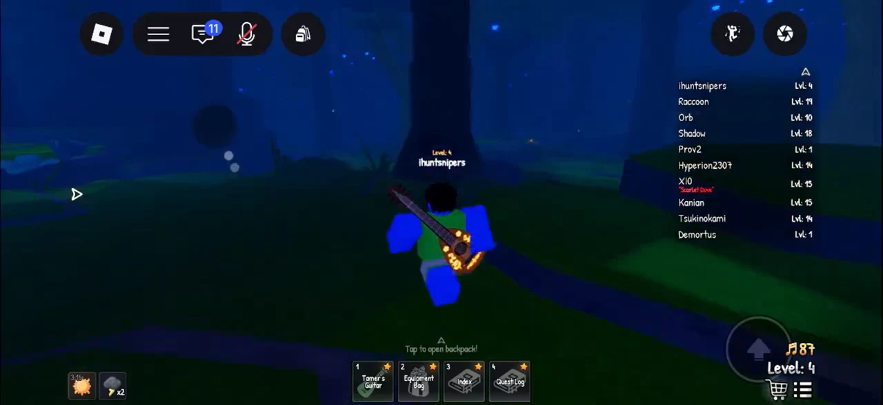 In the gameplay screen, the avatar holds the glowing Tamer’s Guitar while the bottom hotbar displays its item slot…