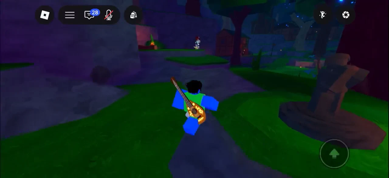 Blue avatar running along a nighttime path with the guitar equipped and the jump button visible