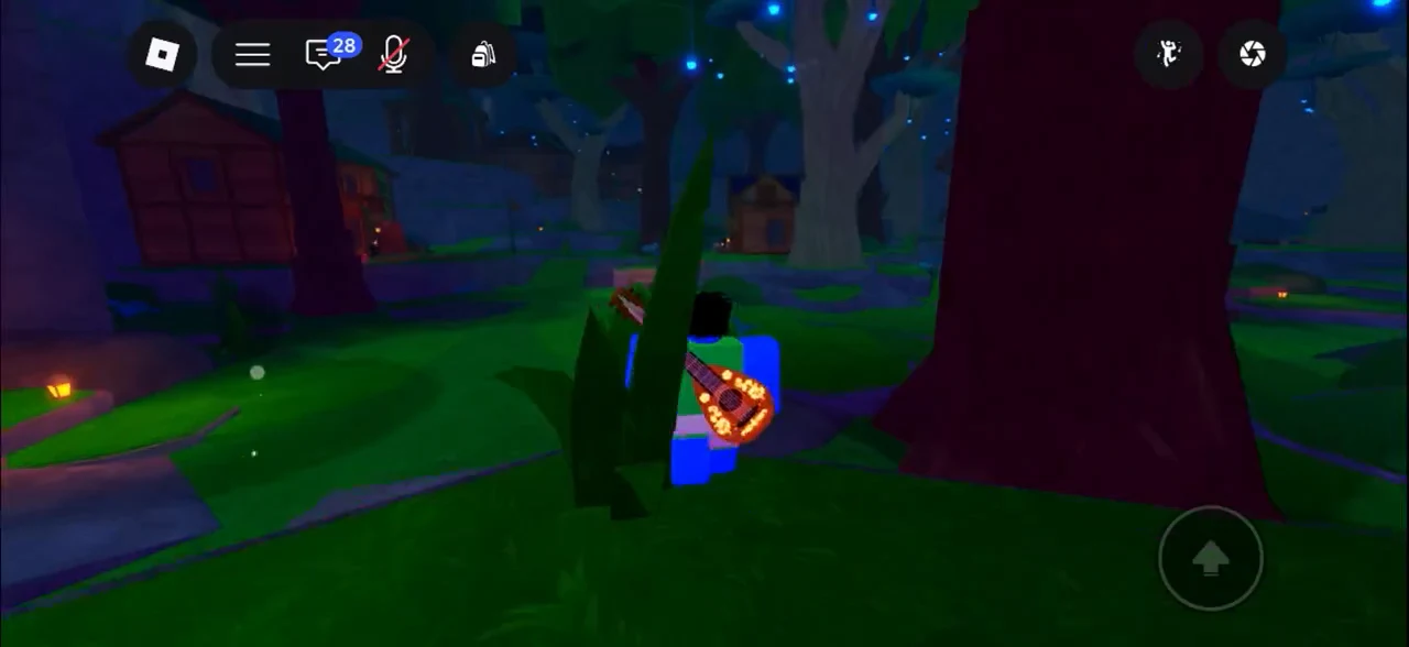 Avatar moving through a nighttime forest with mobile movement controls visible