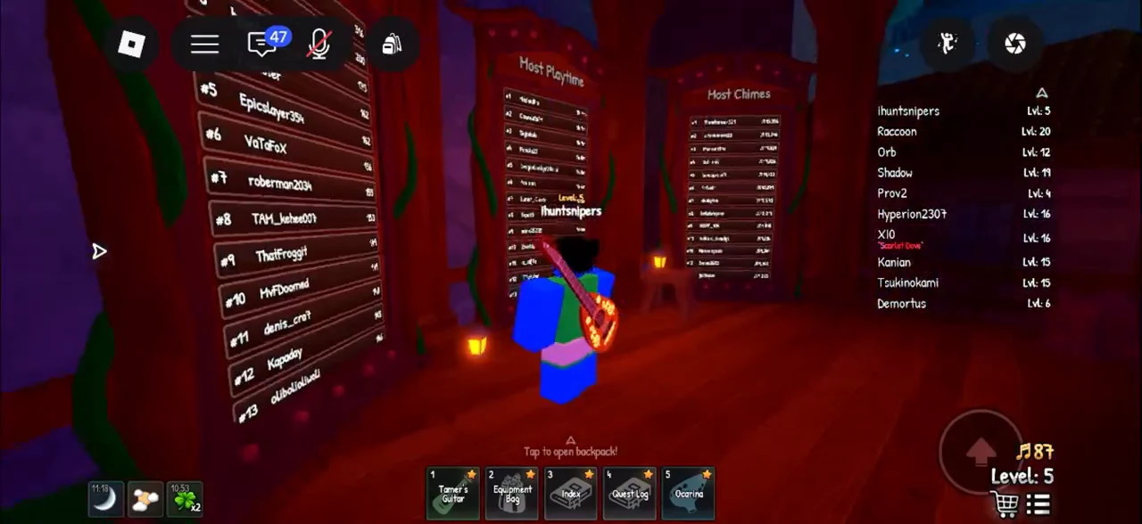 Tap to open backpack prompt above the inventory hotbar near the pavilion