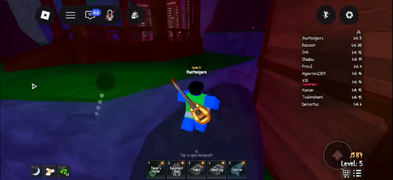 Level 5 avatar with the Tamer's Guitar equipped moving beside a wall with the backpack prompt showing