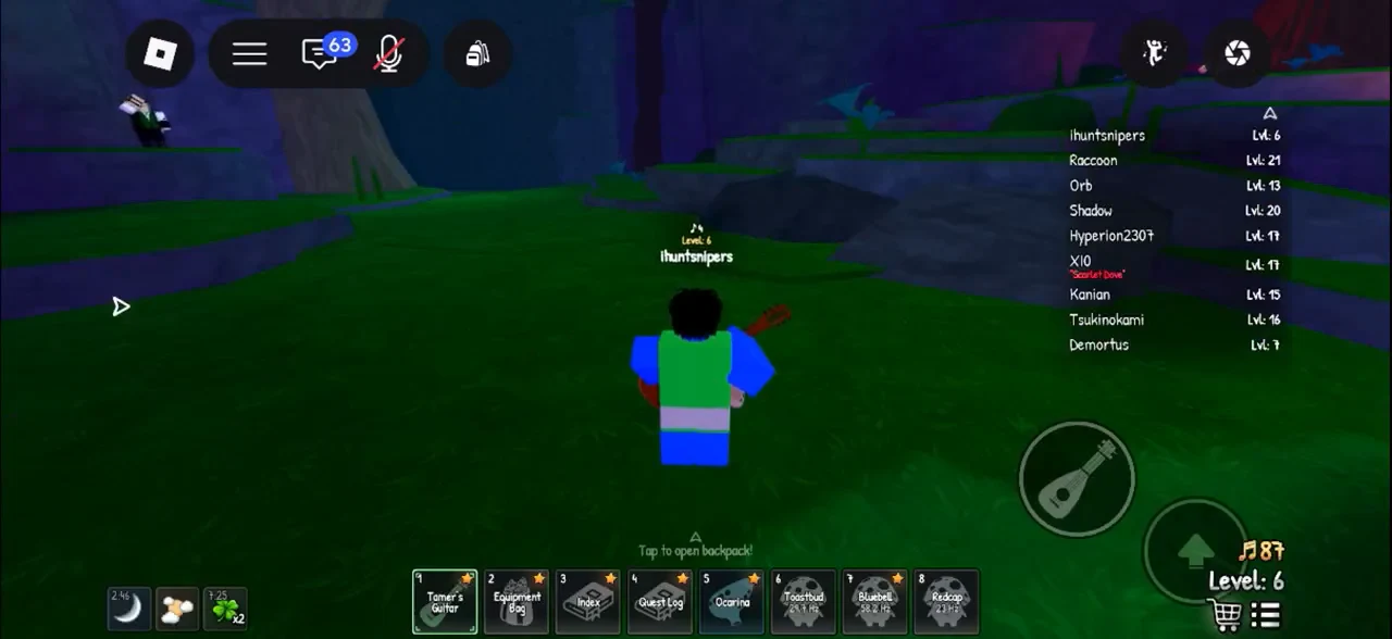 Hotbar highlighting the Tamer's Guitar in slot 1 while moving through the field