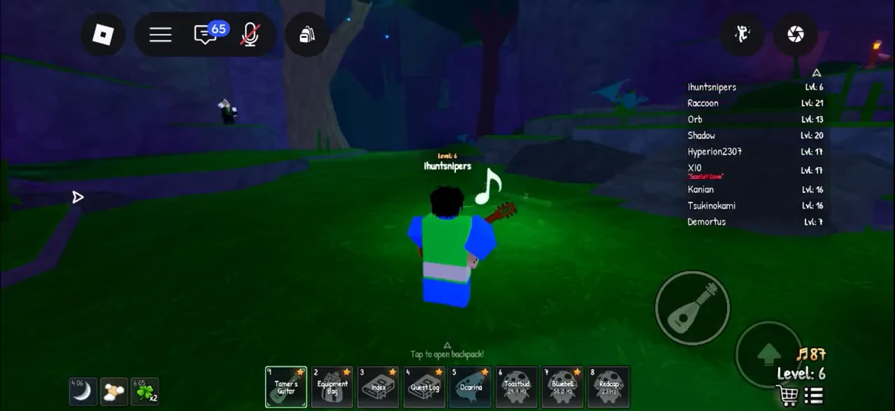 Tamer's Guitar selected in hotbar slot 1 while the character plays it in the forest