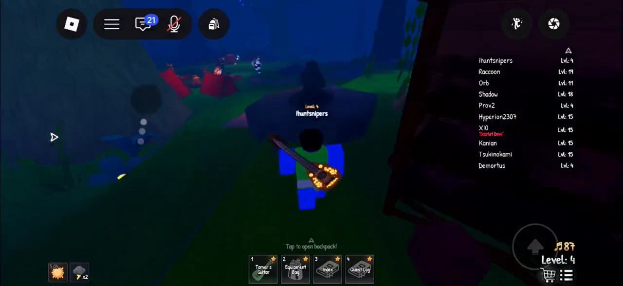 Player leaderboard open on the right while the character holds the guitar near a statue