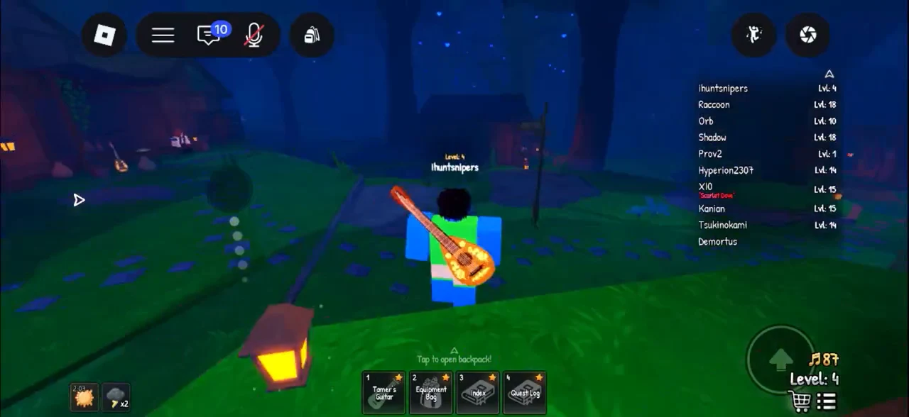 Avatar carrying the Tamer's Guitar moving through a nighttime area of the grove
