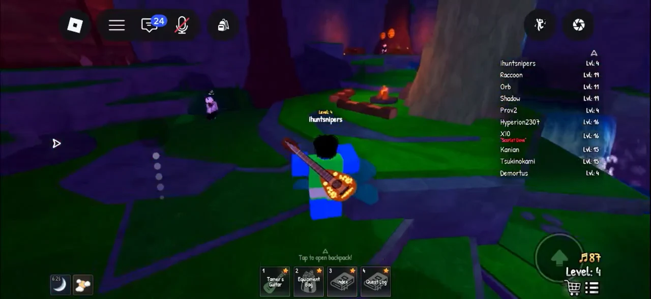 Avatar moving with the guitar equipped near the backpack hotbar prompt
