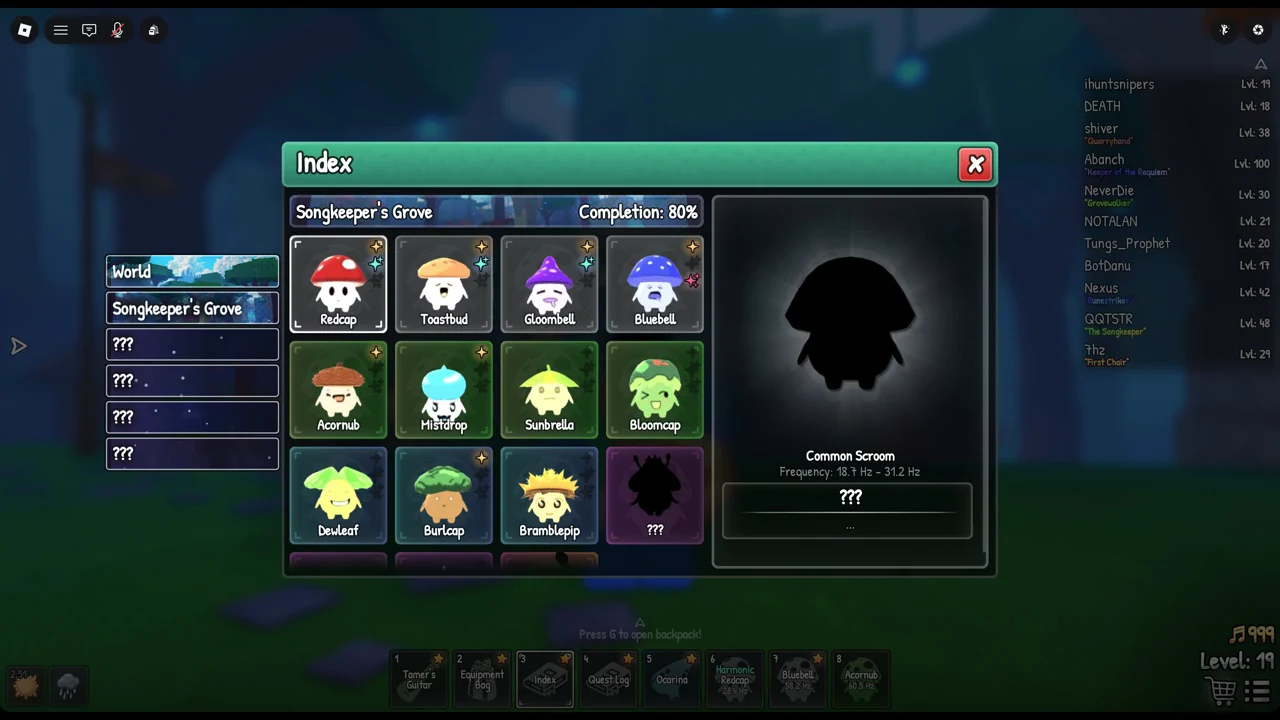 Songkeeper's Grove Index page at 80 percent completion with a locked Common card selected