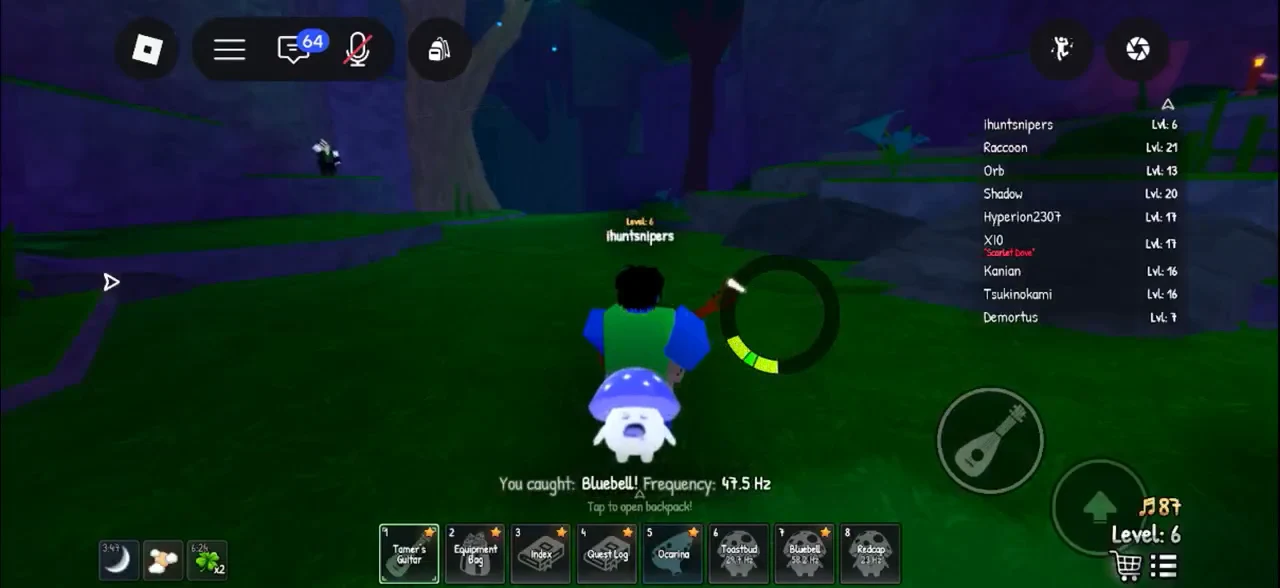 Bluebell catch confirmation banner with a prompt to tap and open the backpack